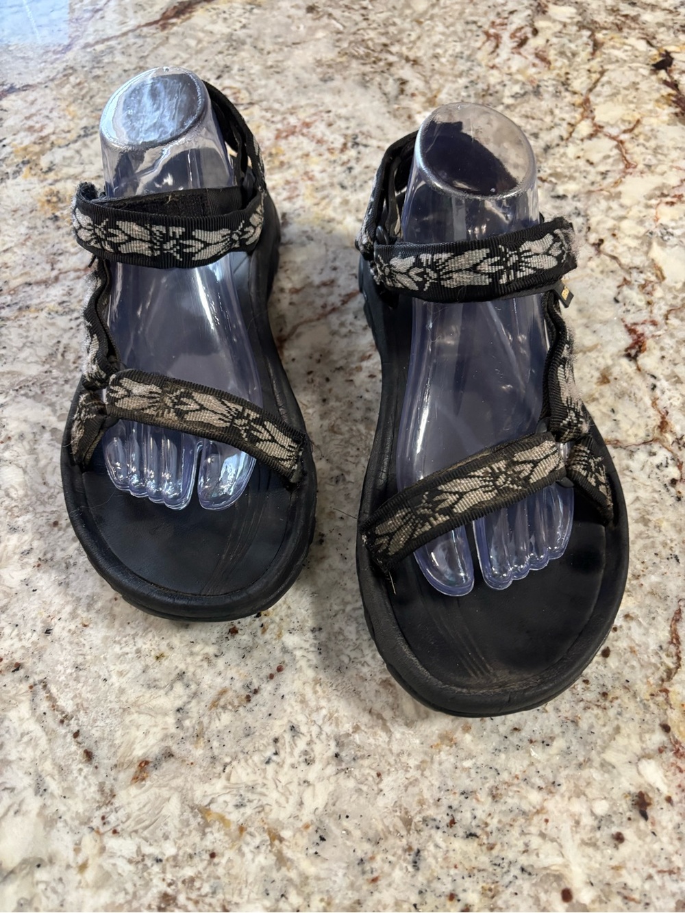 Teva Black Sandals with Cream Patterned Straps